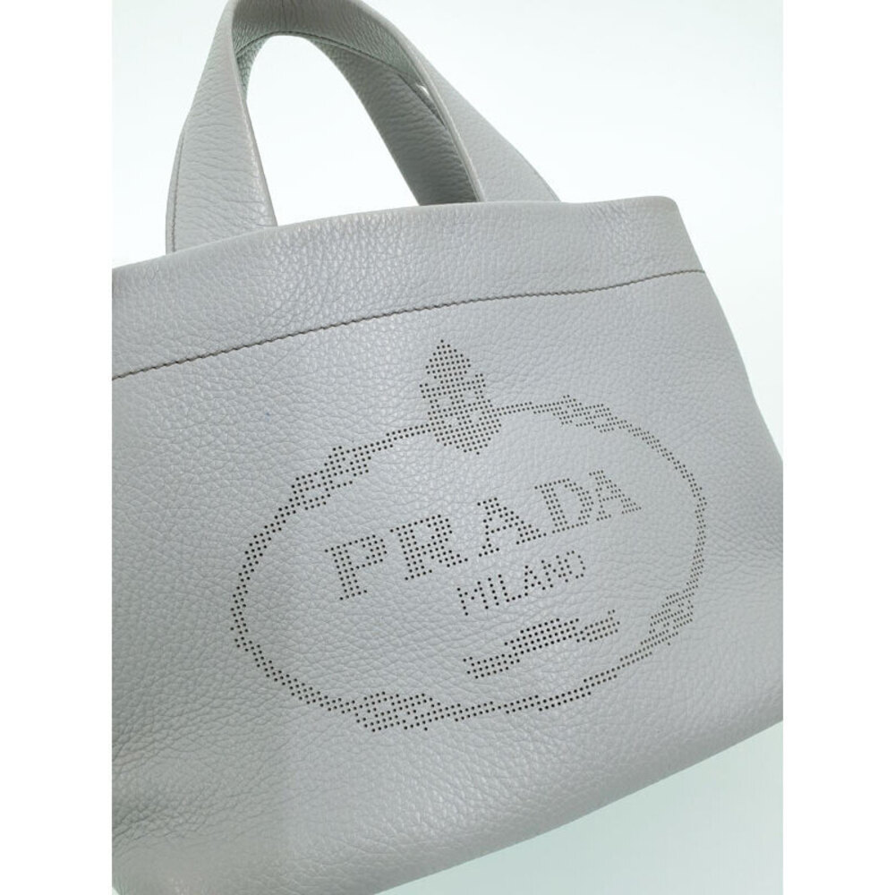 Prada Gray Leather Perforated Logo Tote Shoulder Bag Blue - Picture 6 of 9